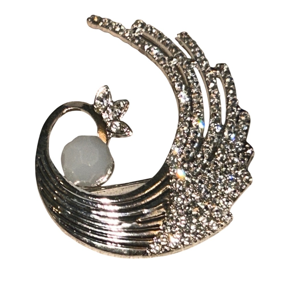 Vintage Silver‎ Tone Wave Brooch Rhinestone Milky White Stone Pin Accessory